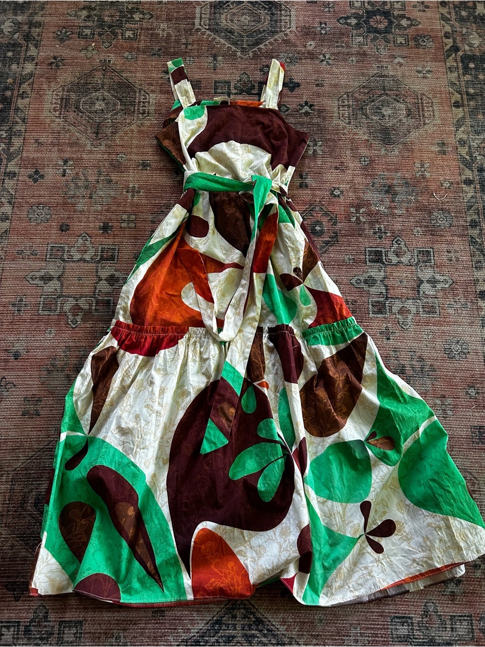 Boho Maxi Dress in Green, Brown & Orange with Tie Waist by Maude Vivante